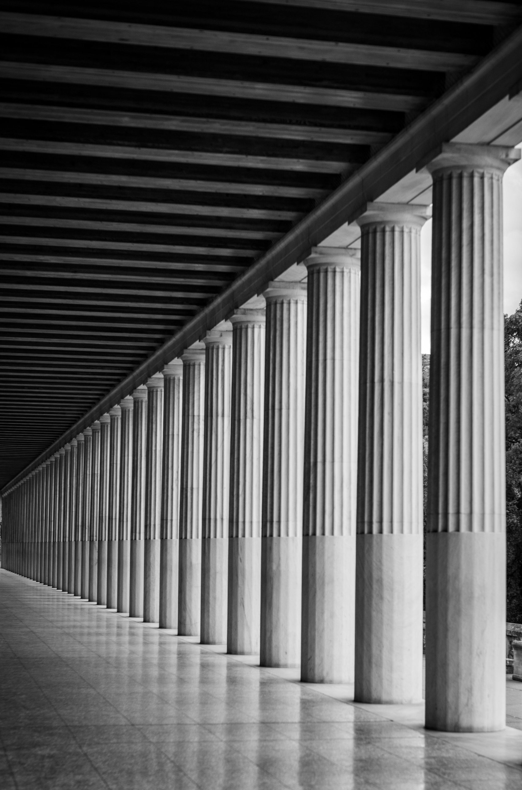 Black-and-white colonnade of fluted stone columns receding into the distance